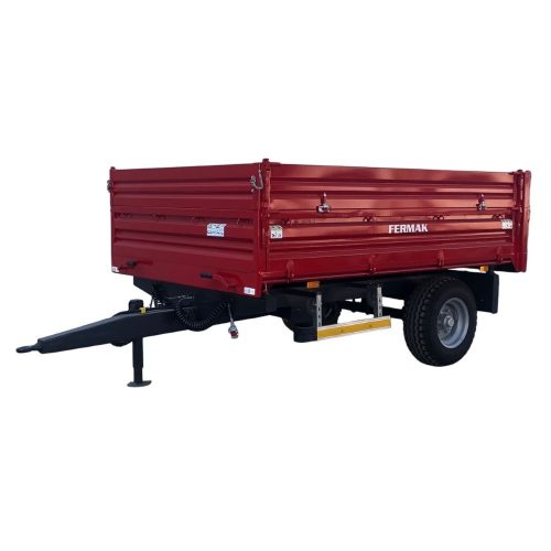 Prikolica FERMAK 4t, jedna osovina, gume 10/75-15,3, vazdušne kočnice, trostrano kipanje, refuzne stranice, zadnji otvor